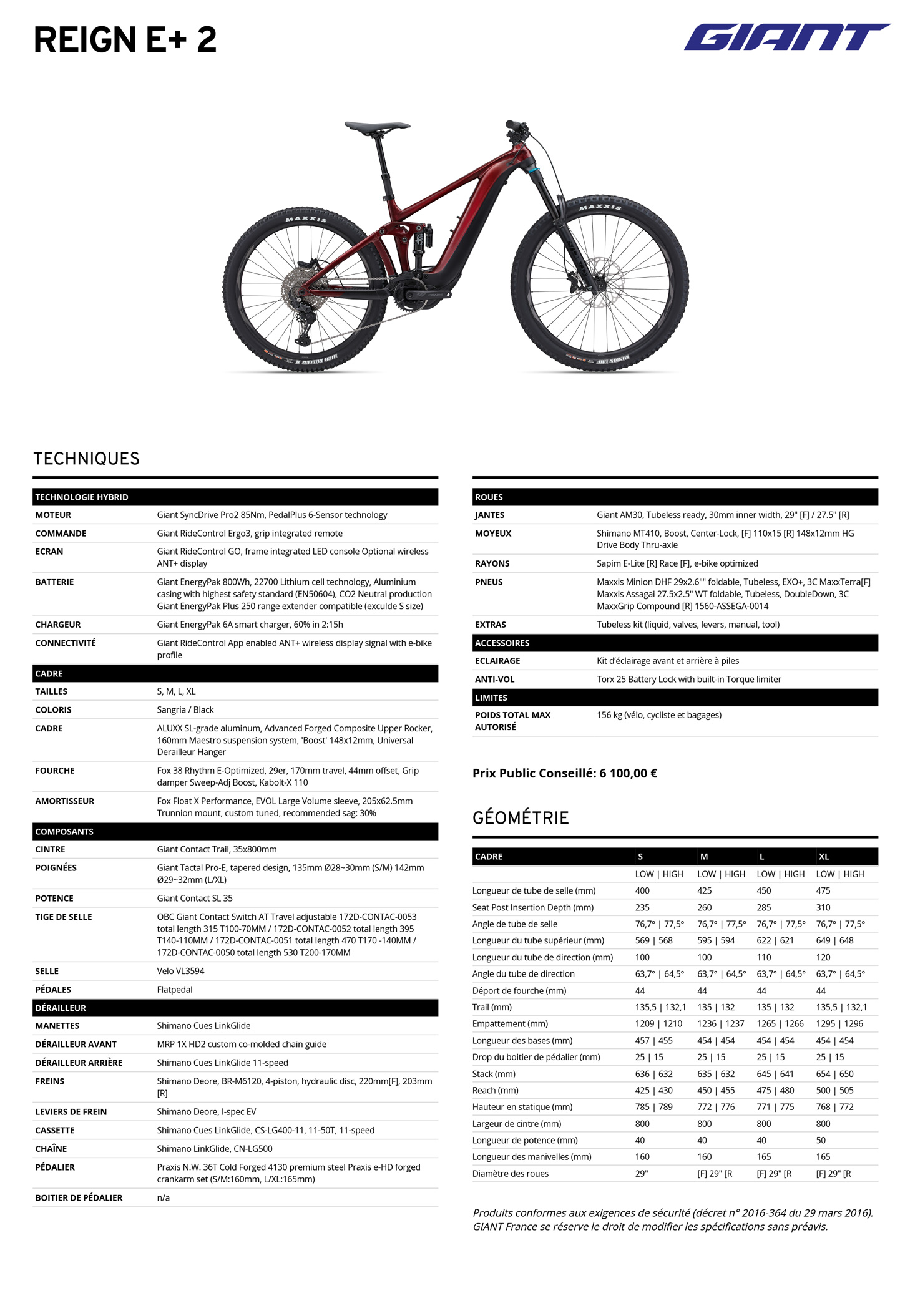 Fiche technique du velo électrique Reign E+ 2  année 2024